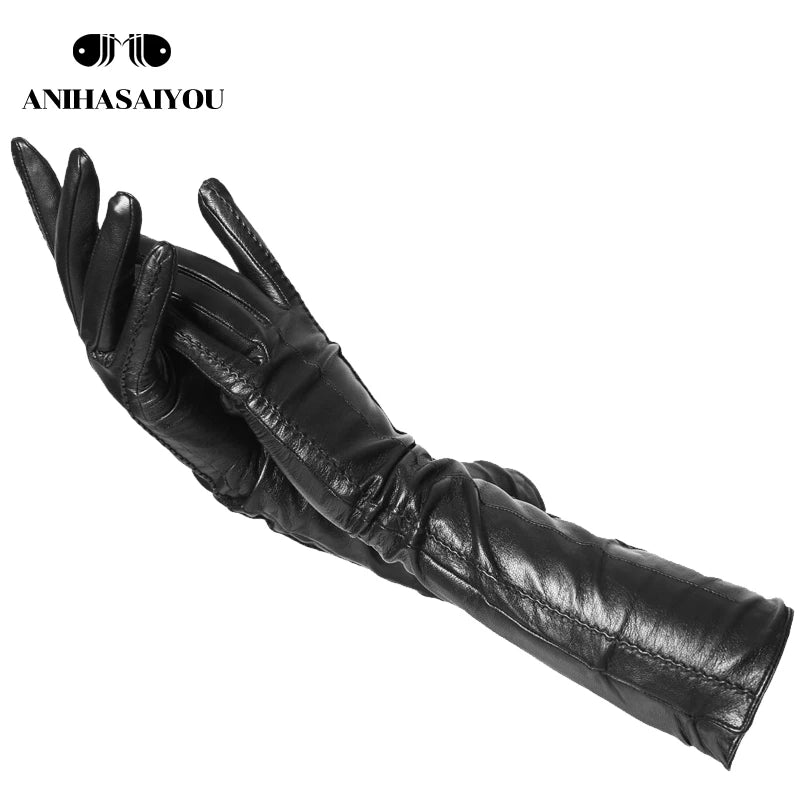 Multicolor Women'S Gloves,50Cm Long Leather Gloves,Sheepskin Women'S Leather Gloves,Keep Warm Women'S Winter Gloves-2226C