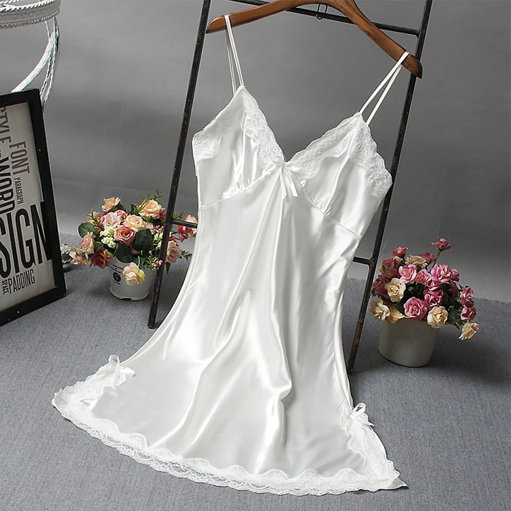 Sexy Women'S Satin Soft Nightdress Lace Lingerie Sleepwear Ladies Wrap Night Dress Robe Summer Pajamas Nightgowns Sleep Shirts