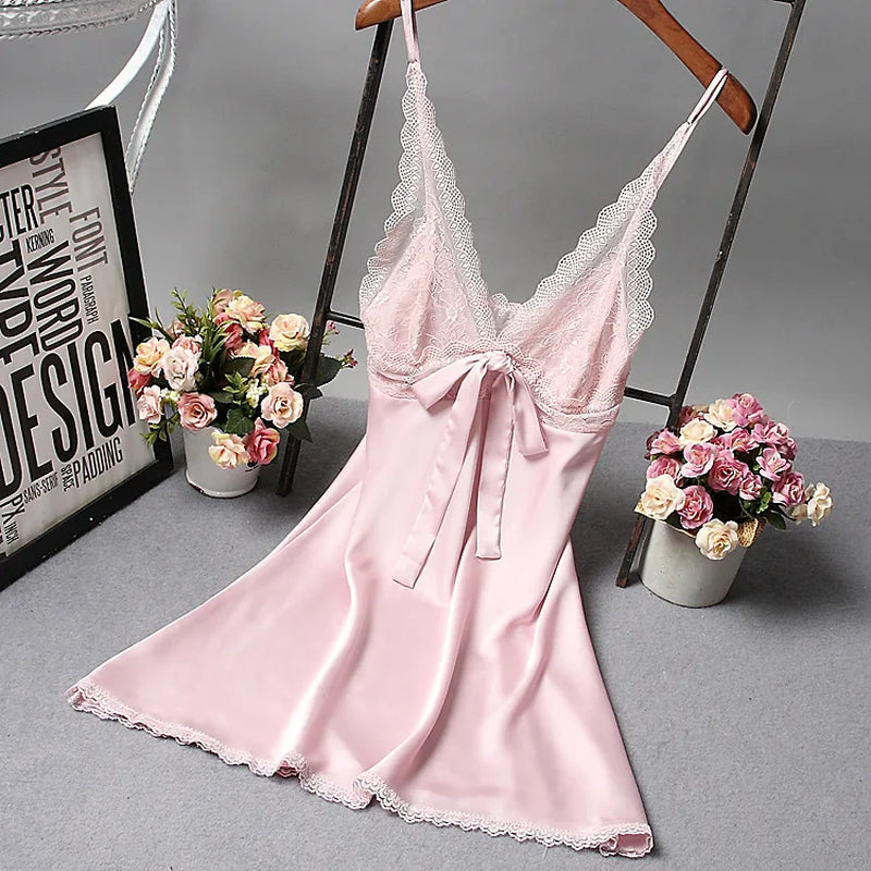 Women Sexy Silk Satin Night Gown Sleeveless Nightdress Lace Sleep Dress V-Neck Nighties Night Shirt Fashion Sleepwear Nightwear