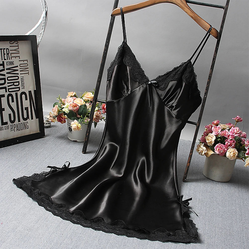 Sexy Women'S Satin Soft Nightdress Lace Lingerie Sleepwear Ladies Wrap Night Dress Robe Summer Pajamas Nightgowns Sleep Shirts