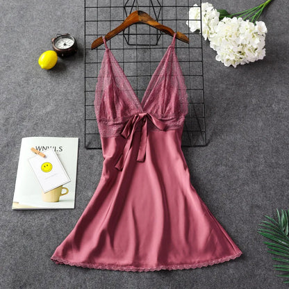 Women Sexy Silk Satin Night Gown Sleeveless Nightdress Lace Sleep Dress V-Neck Nighties Night Shirt Fashion Sleepwear Nightwear