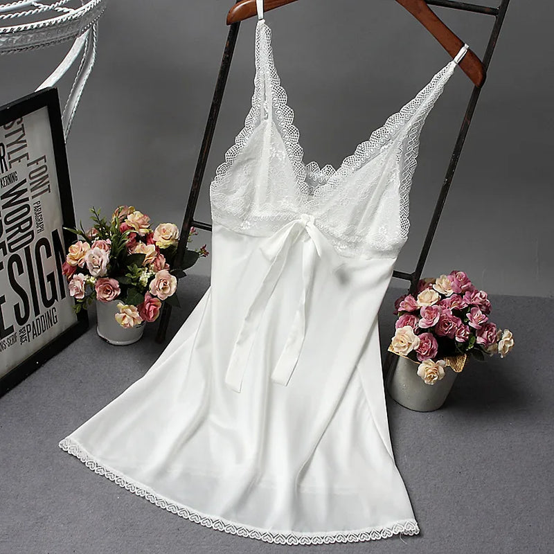 Women Sexy Silk Satin Night Gown Sleeveless Nightdress Lace Sleep Dress V-Neck Nighties Night Shirt Fashion Sleepwear Nightwear