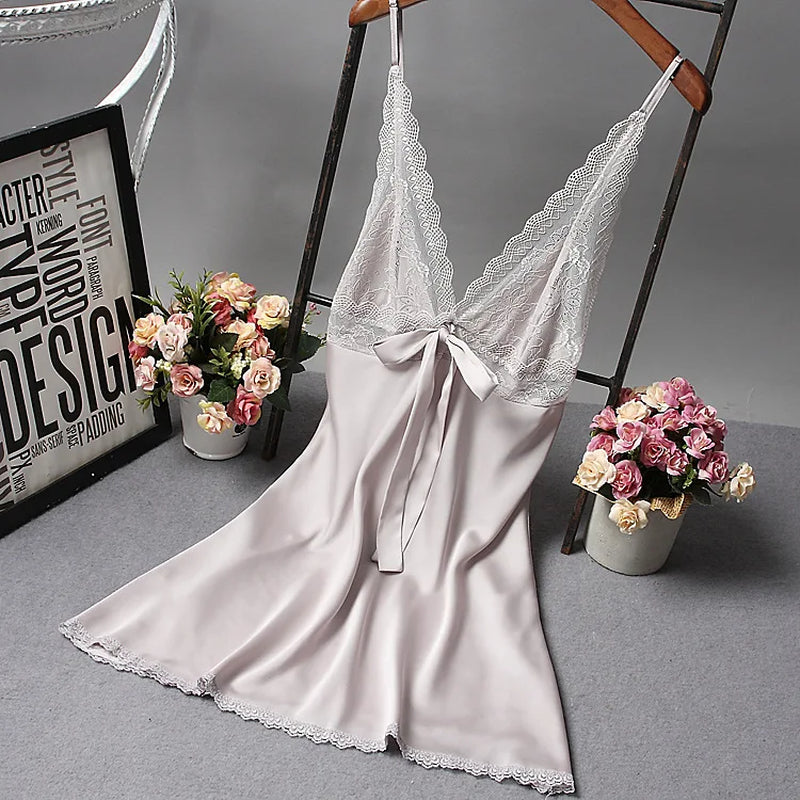 Women Sexy Silk Satin Night Gown Sleeveless Nightdress Lace Sleep Dress V-Neck Nighties Night Shirt Fashion Sleepwear Nightwear