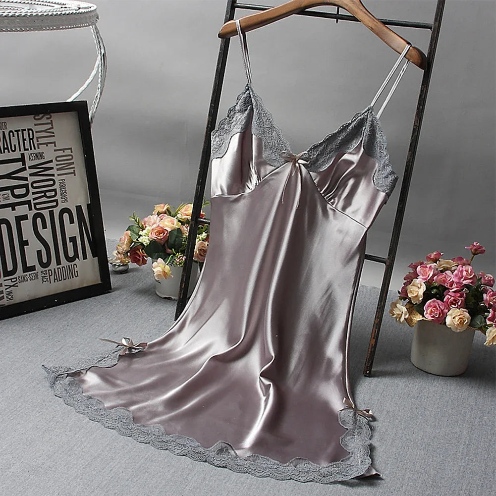 Sexy Women'S Satin Soft Nightdress Lace Lingerie Sleepwear Ladies Wrap Night Dress Robe Summer Pajamas Nightgowns Sleep Shirts
