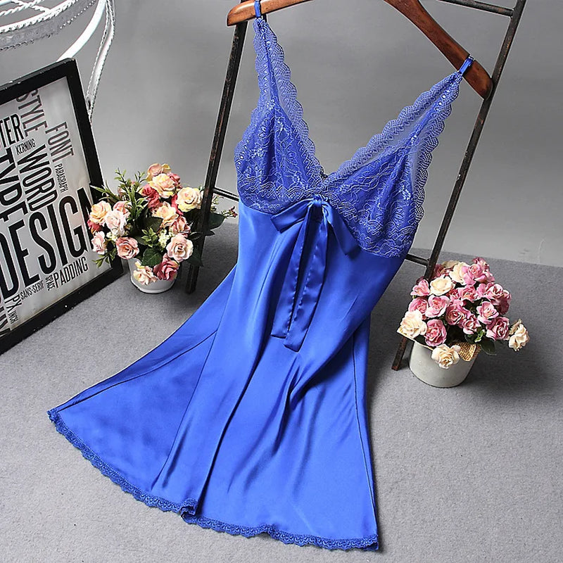 Women Sexy Silk Satin Night Gown Sleeveless Nightdress Lace Sleep Dress V-Neck Nighties Night Shirt Fashion Sleepwear Nightwear