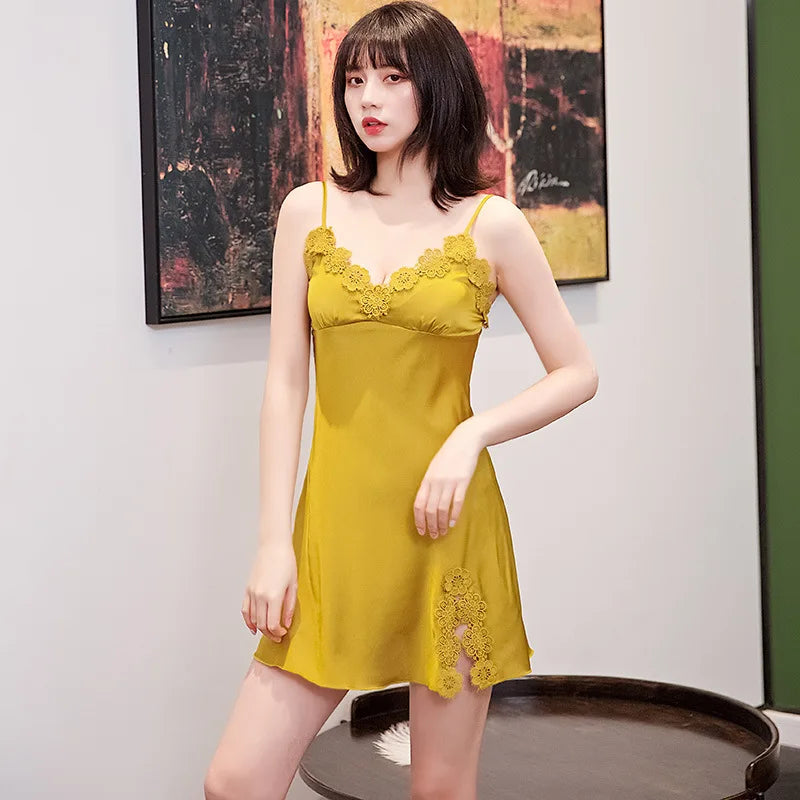 Women Sexy Silk Satin Night Gown Sleeveless Nightdress Lace Sleep Dress V-Neck Nighties Night Shirt Fashion Sleepwear Nightwear
