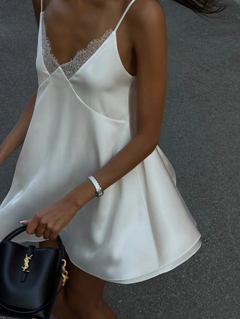 Fashion Sexy Lace Camisole Sleep Wear Mini Dresses Backless Sleeveless V-Neck Solid A-Line Loose Nightdress Vestidos
