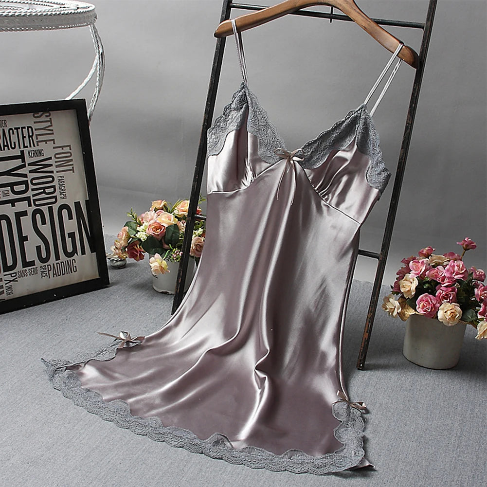 Sexy Women'S Satin Soft Nightdress Lace Lingerie Sleepwear Ladies Wrap Night Dress Robe Summer Pajamas Nightgowns Sleep Shirts