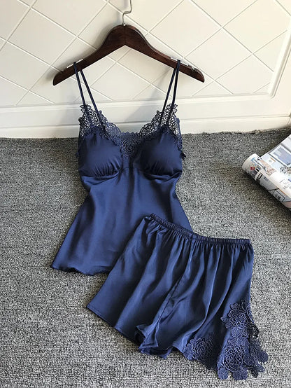 Sleep Lounge Pajama Set Sexy Satin Sleepwear Woman Summer Pyjama Femme Fashion Flower Pajama for Women with Chest Pad