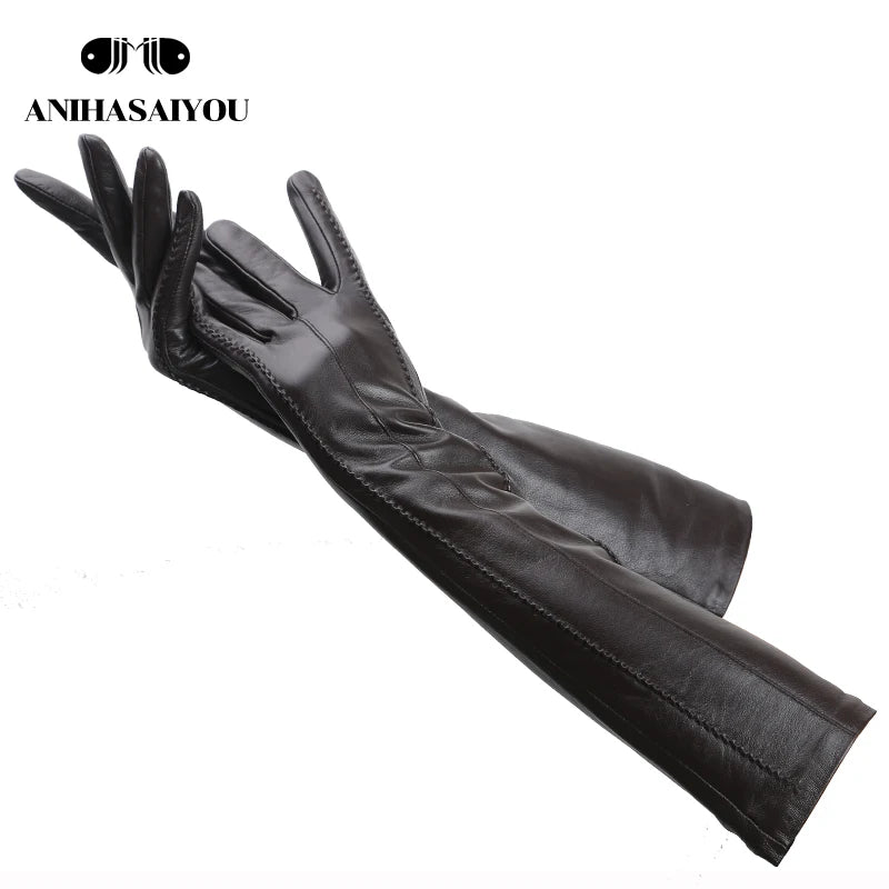 Multicolor Women'S Gloves,50Cm Long Leather Gloves,Sheepskin Women'S Leather Gloves,Keep Warm Women'S Winter Gloves-2226C