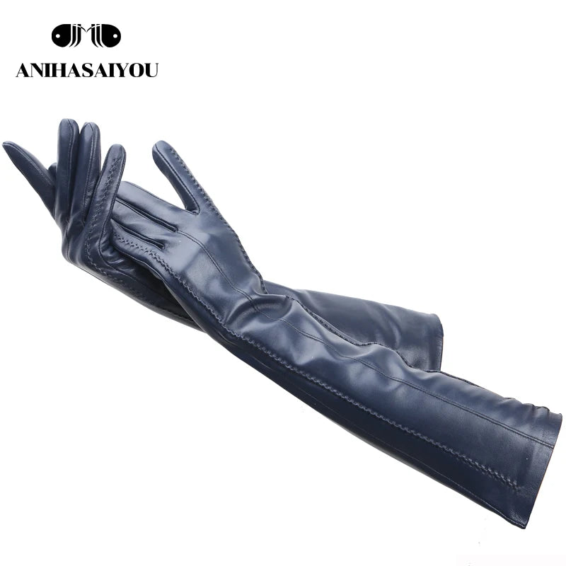 Multicolor Women'S Gloves,50Cm Long Leather Gloves,Sheepskin Women'S Leather Gloves,Keep Warm Women'S Winter Gloves-2226C