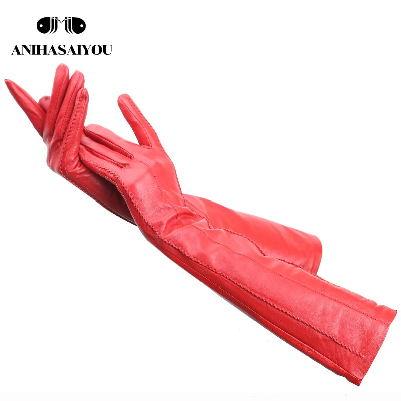 Multicolor Women'S Gloves,50Cm Long Leather Gloves,Sheepskin Women'S Leather Gloves,Keep Warm Women'S Winter Gloves-2226C