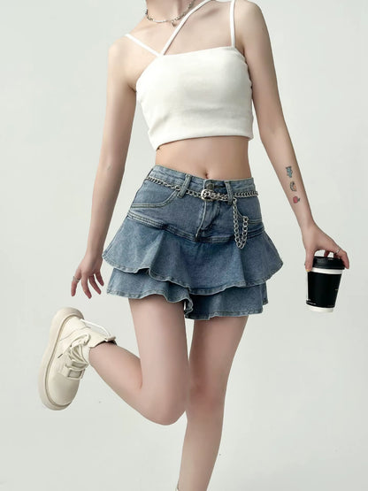 Spice Girls Denim Skirt Anti-Slip Double Denim Skirt Women'S Stretch High-Waisted Slimming A-Line Cake Skirt