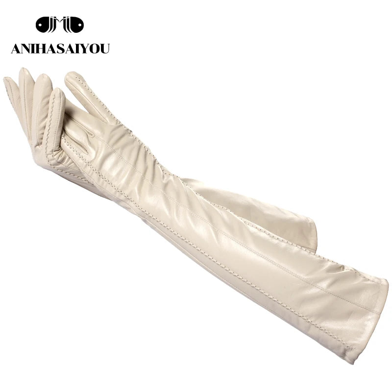 Multicolor Women'S Gloves,50Cm Long Leather Gloves,Sheepskin Women'S Leather Gloves,Keep Warm Women'S Winter Gloves-2226C