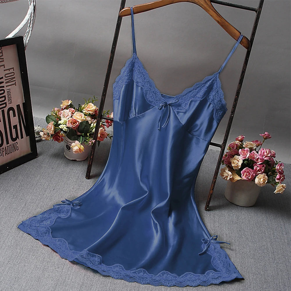 Sexy Women'S Satin Soft Nightdress Lace Lingerie Sleepwear Ladies Wrap Night Dress Robe Summer Pajamas Nightgowns Sleep Shirts
