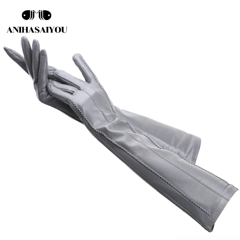 Multicolor Women'S Gloves,50Cm Long Leather Gloves,Sheepskin Women'S Leather Gloves,Keep Warm Women'S Winter Gloves-2226C