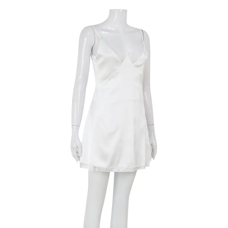 Fashion Sexy Lace Camisole Sleep Wear Mini Dresses Backless Sleeveless V-Neck Solid A-Line Loose Nightdress Vestidos