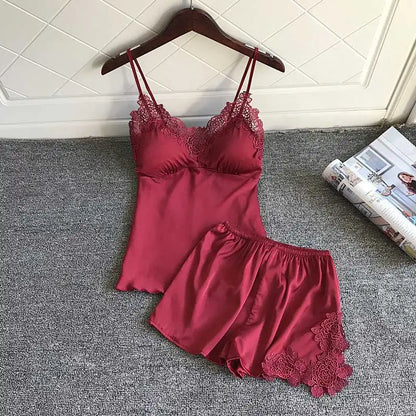 Sleep Lounge Pajama Set Sexy Satin Sleepwear Woman Summer Pyjama Femme Fashion Flower Pajama for Women with Chest Pad