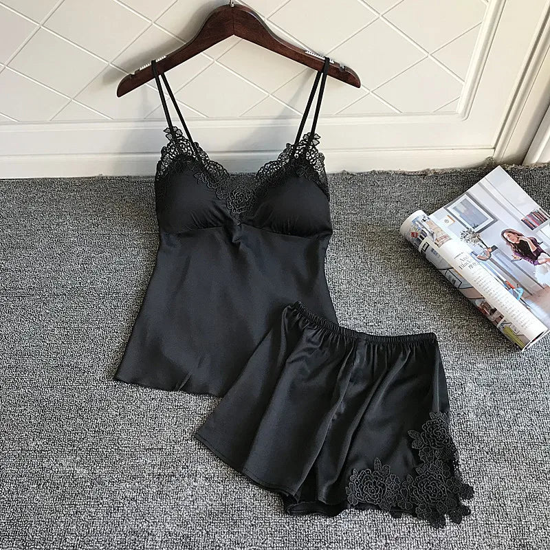 Sleep Lounge Pajama Set Sexy Satin Sleepwear Woman Summer Pyjama Femme Fashion Flower Pajama for Women with Chest Pad