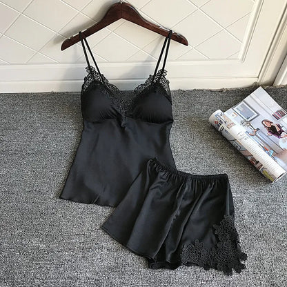 Sleep Lounge Pajama Set Sexy Satin Sleepwear Woman Summer Pyjama Femme Fashion Flower Pajama for Women with Chest Pad