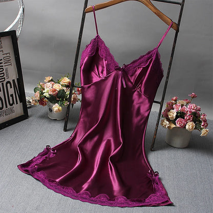Sexy Women'S Satin Soft Nightdress Lace Lingerie Sleepwear Ladies Wrap Night Dress Robe Summer Pajamas Nightgowns Sleep Shirts