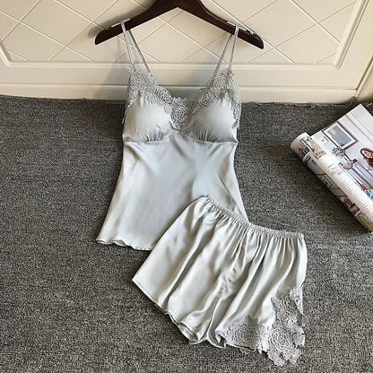Sleep Lounge Pajama Set Sexy Satin Sleepwear Woman Summer Pyjama Femme Fashion Flower Pajama for Women with Chest Pad