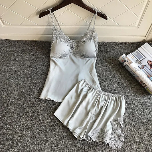 Sleep Lounge Pajama Set Sexy Satin Sleepwear Woman Summer Pyjama Femme Fashion Flower Pajama for Women with Chest Pad