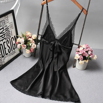Women Sexy Silk Satin Night Gown Sleeveless Nightdress Lace Sleep Dress V-Neck Nighties Night Shirt Fashion Sleepwear Nightwear