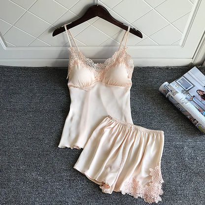 Sleep Lounge Pajama Set Sexy Satin Sleepwear Woman Summer Pyjama Femme Fashion Flower Pajama for Women with Chest Pad