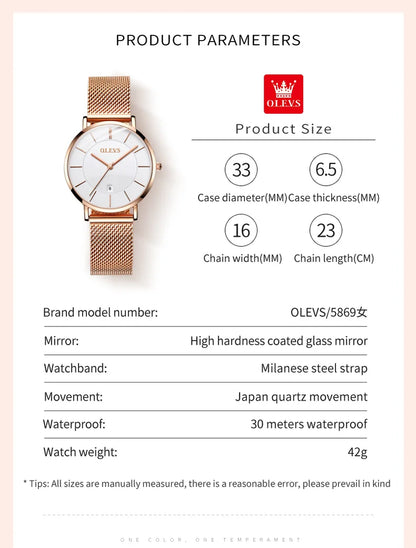 5869 Ultra Thin Women'S Quartz Watch High Quality Rose Gold Stainless Steel Waterproof Watch Top Luxury Brand Women Watch