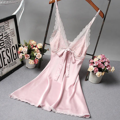 Women Sexy Silk Satin Night Gown Sleeveless Nightdress Lace Sleep Dress V-Neck Nighties Night Shirt Fashion Sleepwear Nightwear